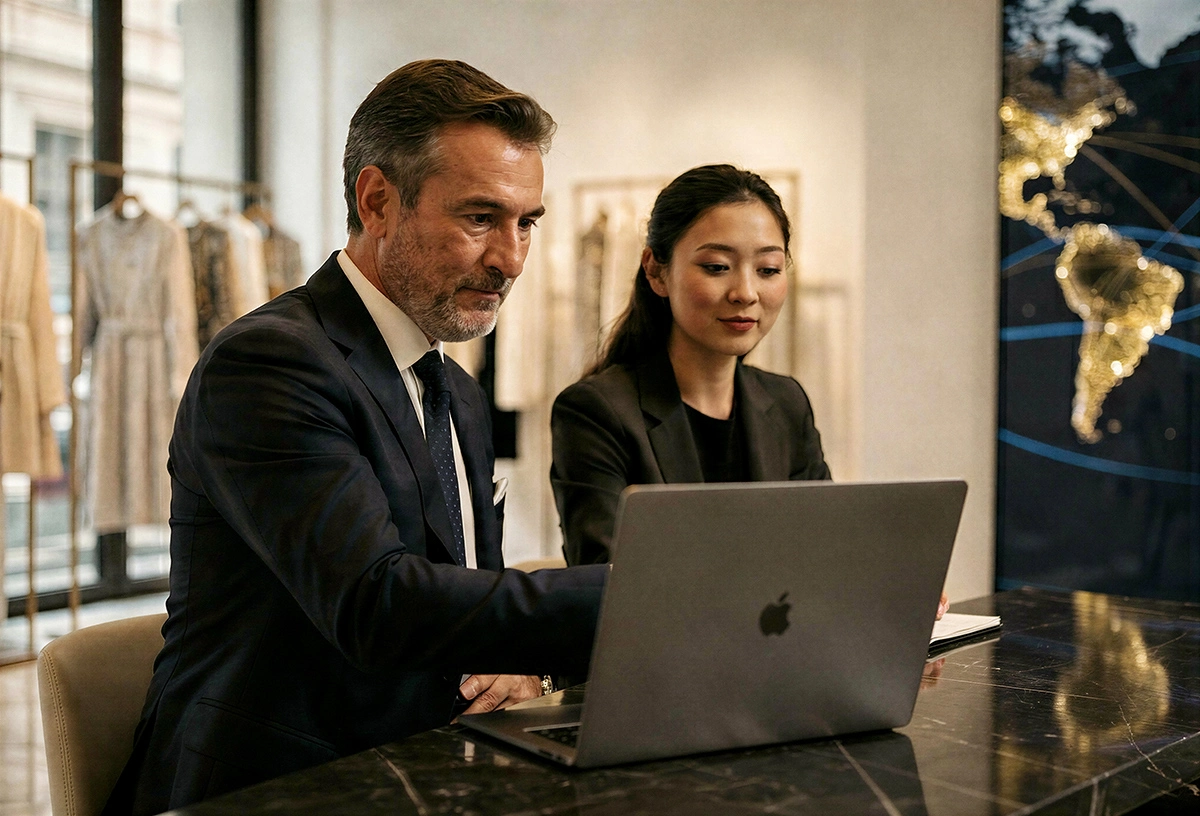Imprenditore italiano e buyer internazionale in showroom di moda Milano